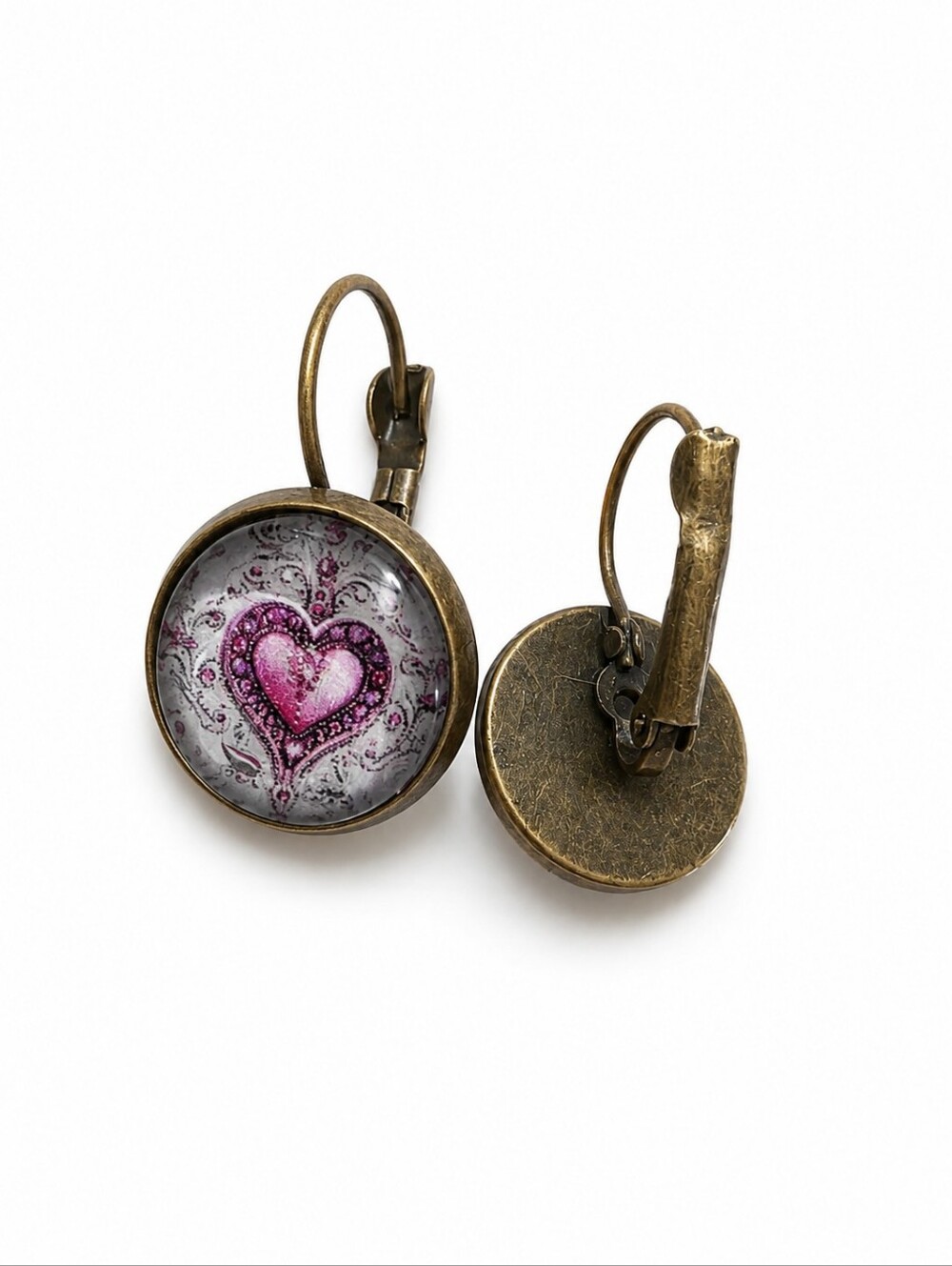 Pink Heart Cabochon Earrings | Romantic Boho Leverback Dangle Earrings NIP - Picture 4 of 4